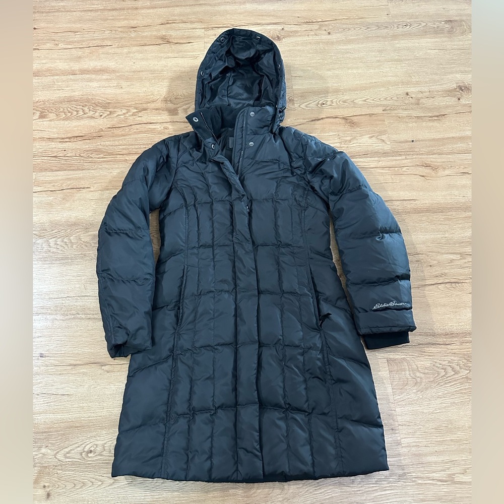 Eddie Bauer Sun Valley Down Parka Womens XS Black Long Puffer Hooded Winter Coat